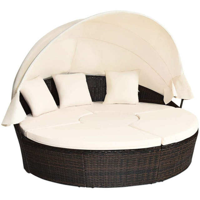 Round Patio Rattan Daybed with Retractable Canopy, Adjustable Coffee Table & Cushions, Outdoor Wicker Sectional Sofa for Poolside, Backyard