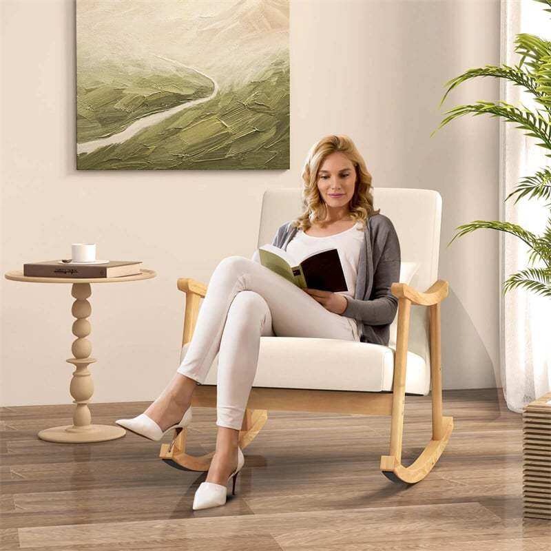 Upholstered Rocking Chair with Rubber Wood Frame, Lumbar Pillow, Padded Seat & Backrest, Modern Rocker for Living Room, Bedroom, Nursery, Office