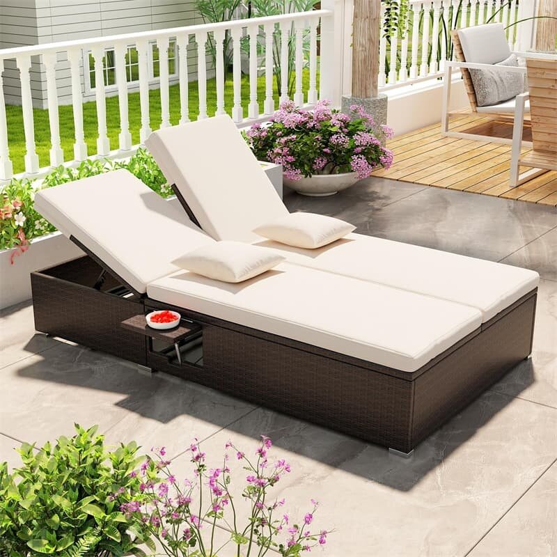 Outdoor Patio Daybed Rattan Double Chaise Lounge with Cushions, Pillows, Folding Side Trays, 6-Position Adjustable Backrest Wicker Loveseat Lounger