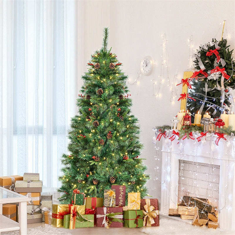 6FT Pre-lit Artificial Hinged Christmas Tree with 250 LED Lights Metal Stand