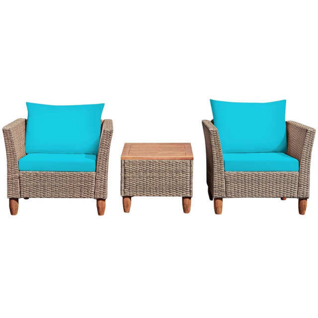 3-Piece Rattan Bistro Sofa Set Wicker Patio Furniture Set with Cushions & Side Table