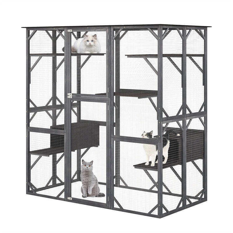 71" Tall Catio Outdoor Cat Enclosure Large Wooden Cat House Walk-in Cat Condo Cat Cage Kitten Playpen with Weatherproof Asphalt Roof