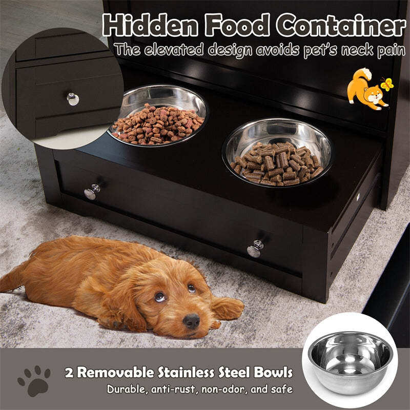 Pet Feeder Station, Dog Food Storage Cabinet with 2 Pull-out Dog Bowls for Watering & Feeding Supplies, Pet Feeder Toy Leashes Organizer