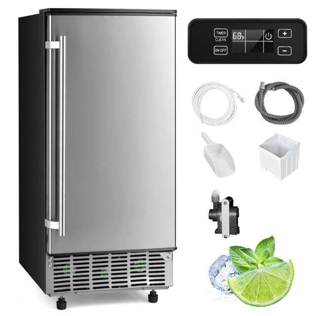 80LBS/24H Commercial Ice Maker, 15" Freestanding & Built-In Undercounter Ice Machine with Drain Pump, Self-Cleaning, LCD Display & 25LBS Bin