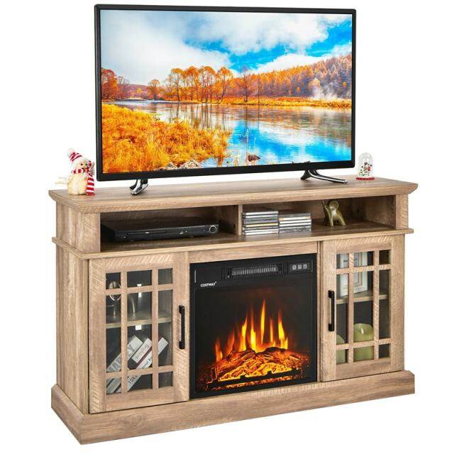48" Fireplace TV Stand for TVs up to 50", Wood Entertainment Center TV Console with 18" Electric Fireplace, Remote Control, Adjustable Shelves