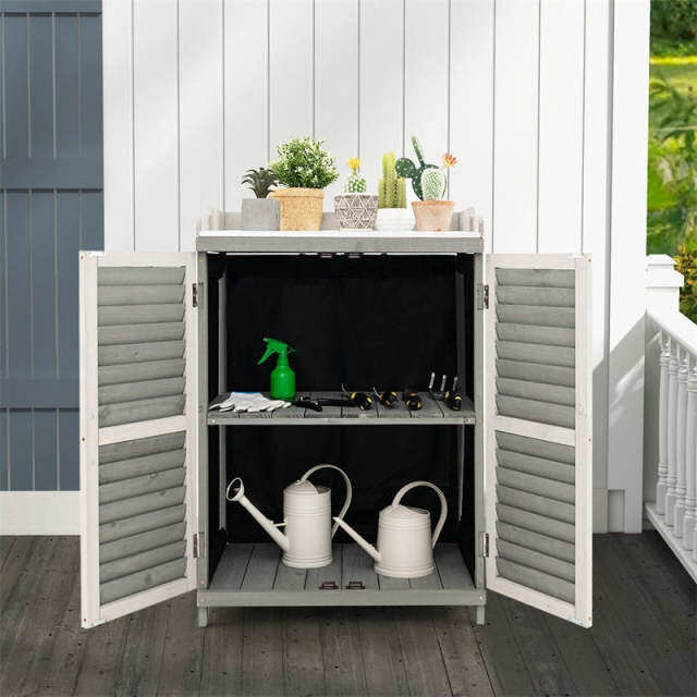 Outdoor Potting Bench Table with Metal Tabletop, Roll-Up Door & 2 Shelves, Waterproof Wooden Storage Cabinet for Garden, Patio Backyard