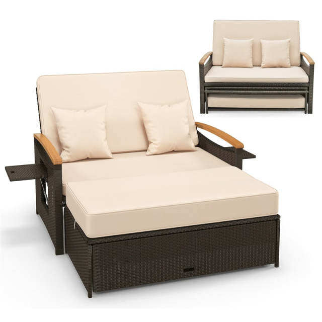 Patio Rattan Daybed Set with Cushioned Loveseat, Storage Ottoman, Retractable Side Tray, Backrest Adjustable Outdoor Double Chaise Lounge