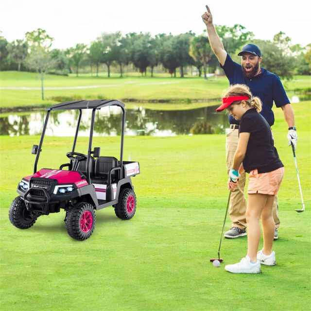 24V Kids Golf Cart, 4WD 2-Seater Electric Ride-On Car with Sun Shade, Storage Trunk, Remote Control & LED Lights for Boys & Girls Ages 3+