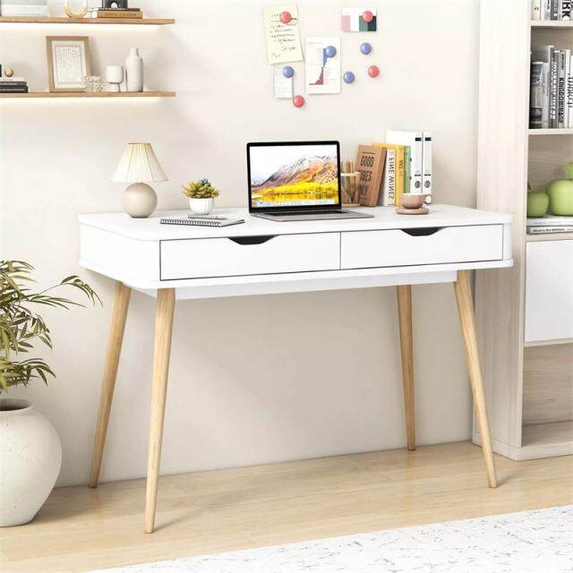43.5" Mid-Century Desk, Modern Writing Study Desk with 2 Drawers & Rubber Wood Legs, Home Office Desk for Small Space, Vanity Table for Bedroom