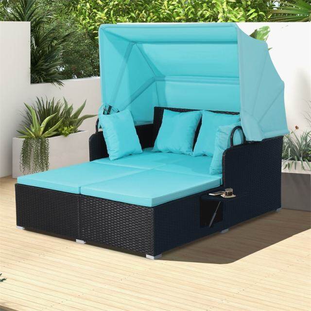 Outdoor Wicker Daybed, Hand-Woven Rattan Daybed with Retractable Canopy, 2 Side Tables, Soft Cushions, Chaise Loveseat for Garden Backyard