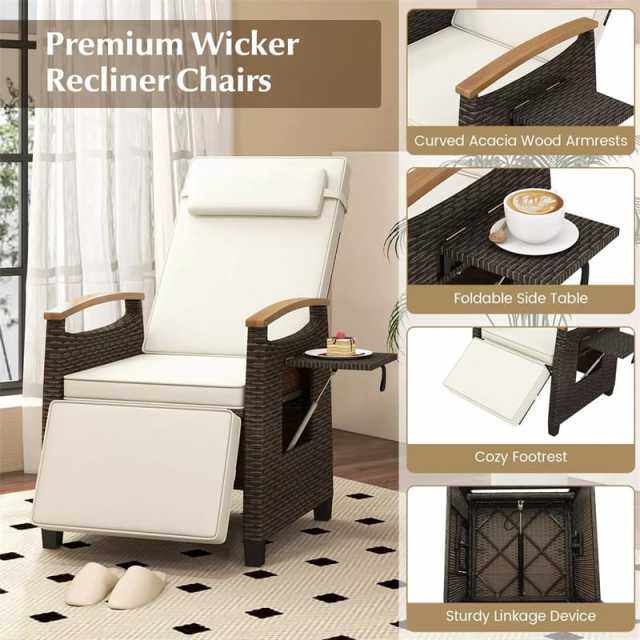 Outdoor Wicker Recliner Chair with Adjustable Backrest, Footrest, Flip Side Table & Cushion, Patio Rattan Chaise Lounge for Backyard Porch