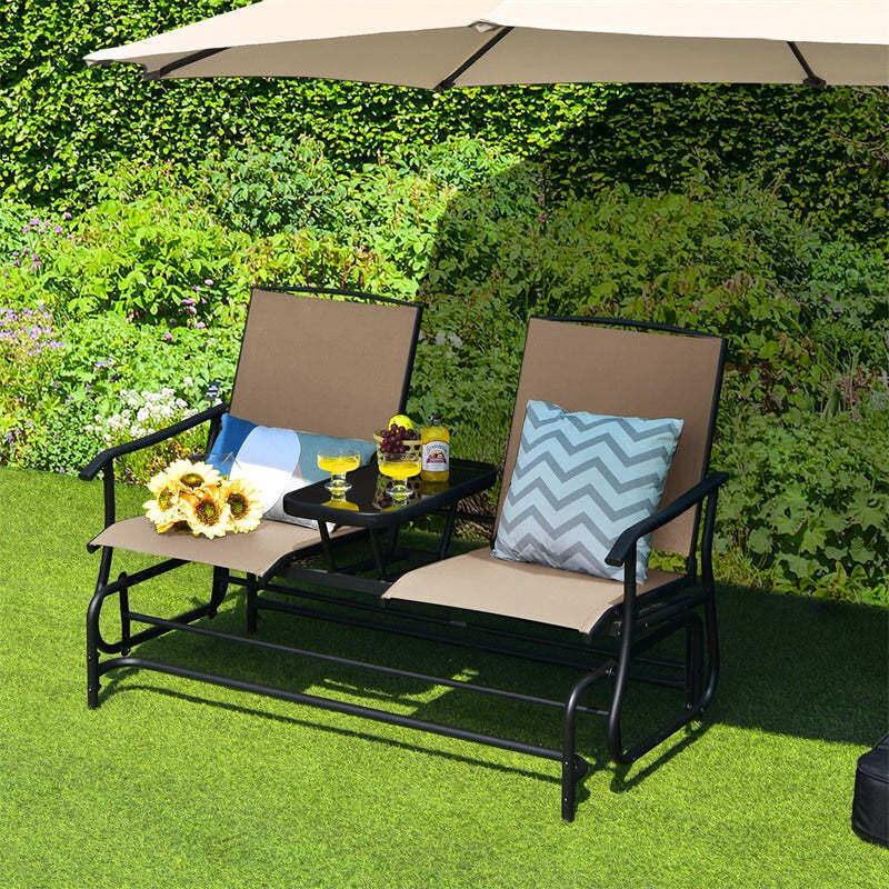 2-Person Outdoor Glider Chair with Center Tempered Glass Table, Steel Frame & Breathable Mesh, Patio Rocking Bench for Porch Garden Poolside