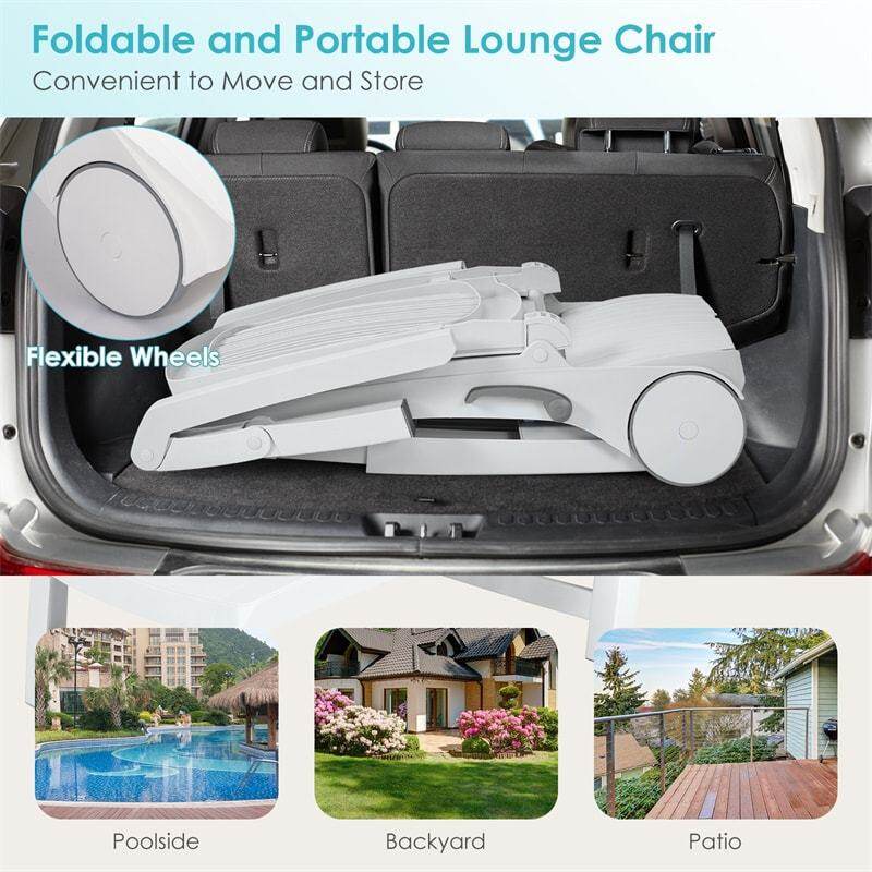 he Folding Outdoor Chaise Lounge, Weatherproof Plastic Lounge Chair with 6-Position Adjustable Backrest & Wheels for Poolside, Patio, Beach