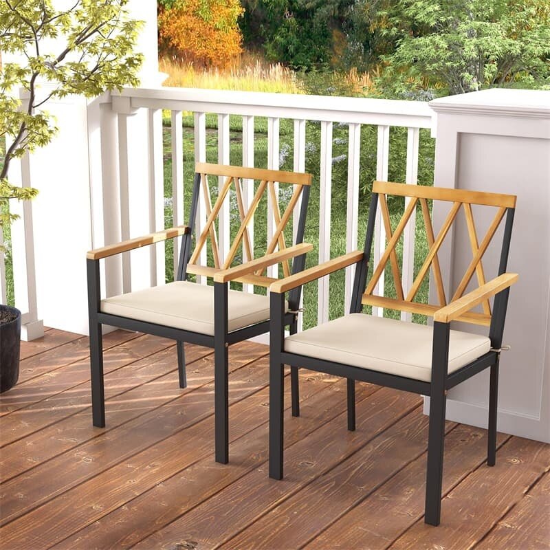 Metal Patio Dining Chairs with Removable Padded Cushions, Acacia Wood Backrests & Armrests, 400LBS Capacity Outdoor Bistro Chairs Crossed Back