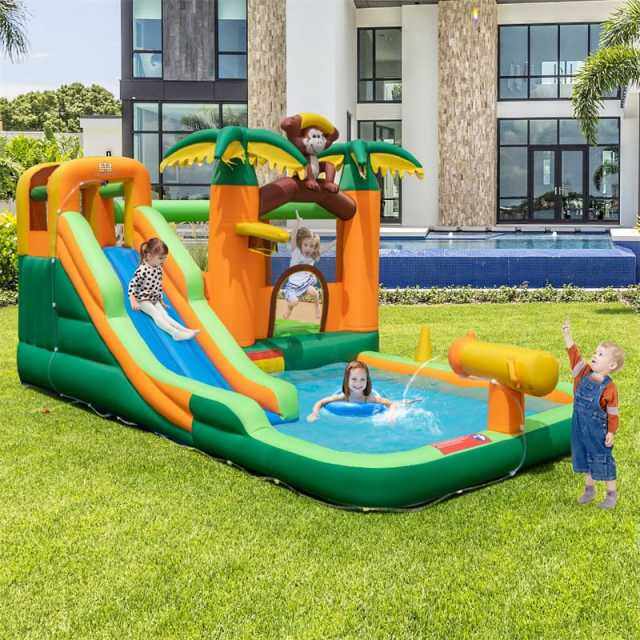Inflatable Water Slide, 7-in-1 Jungle Monkey Theme Bounce House Water Park with Long Slide, Splash Pool & Climbing Wall for Kids Backyard Party Gifts