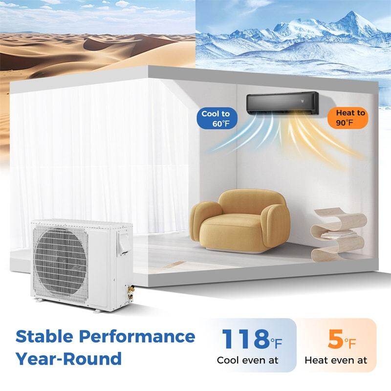12000 BTU Mini Split Air Conditioner & Heater, 21 SEER2 Energy Star Certified Inverter Split AC Unit with Heat Pump, Cools 750 Sq.Ft Bedroom, Home, Office