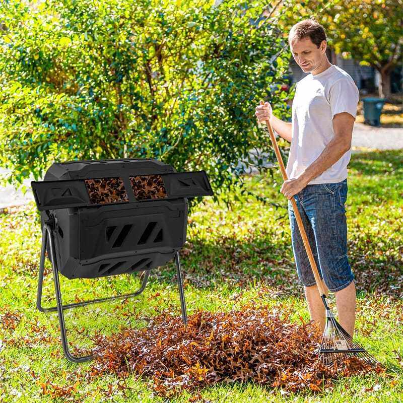 42-Gallon Dual Chamber Compost Tumbler, Rotating Outdoor Composter with Sliding Doors & Gloves, Metal Frame Compost Barrel for Garden Yard