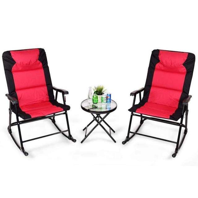 3 Piece Outdoor Folding Bistro Set, High Back Patio Rocking Chairs with Padded Seat & Glass Table for Backyard, Poolside & Deck