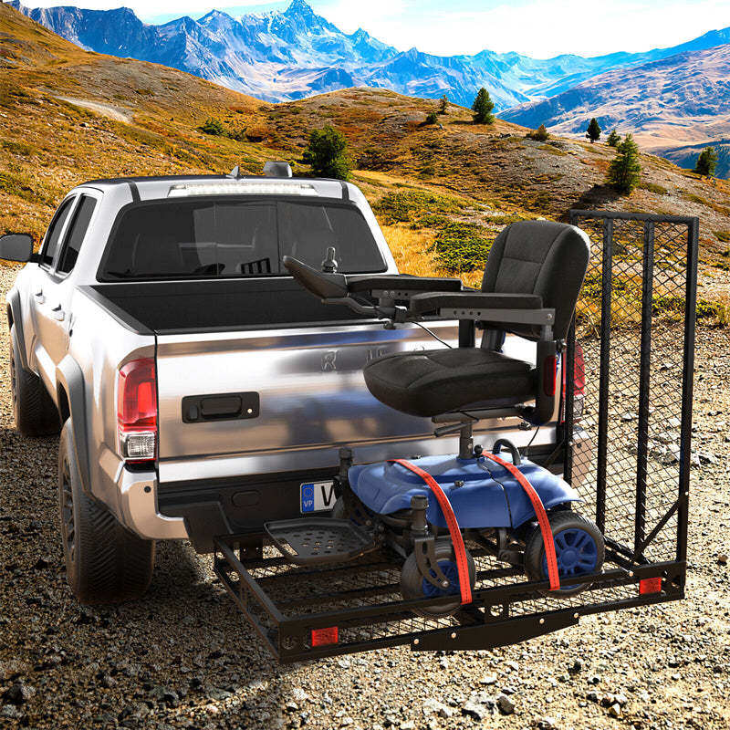 Folding Hitch Cargo Carrier with Ramp & Tie-Down Straps, 500LBS Capacity Heavy Duty Mobility Scooter & Wheelchair Carrier for Car, SUV, Truck, RV