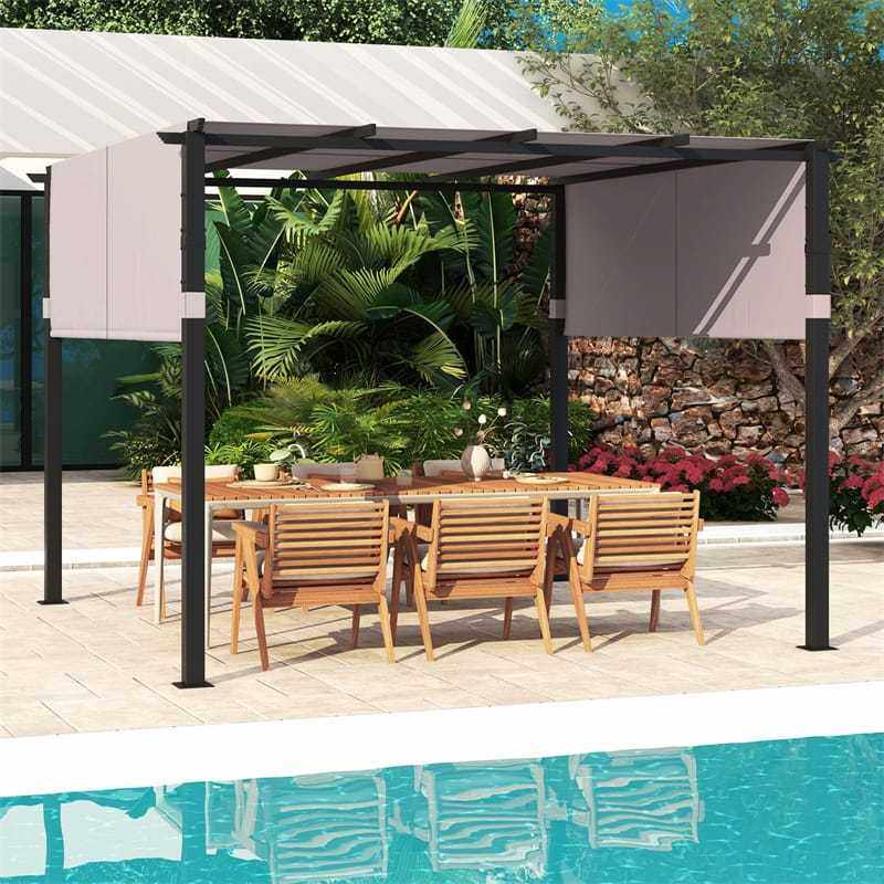 10' x 10' Flat Top Pergola with 2PCS Retractable Sun Shade Canopy, Metal Outdoor Pergola Extra Large Patio Shelter Pavilion for Garden Backyard