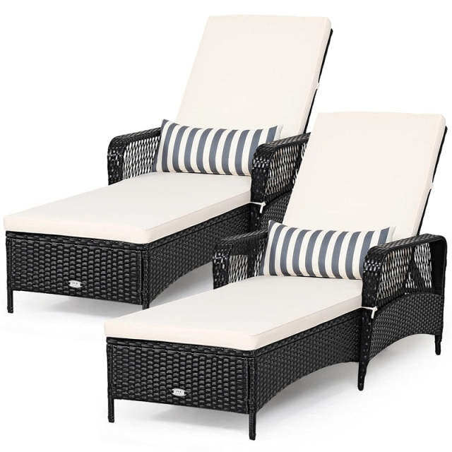2PCS Rattan Outdoor Chaise Lounge Chairs w/ 6-Gear Adjustable Backrest, Removable Cushions, Pillow, Patio Sun Lounger for Poolside, Balcony