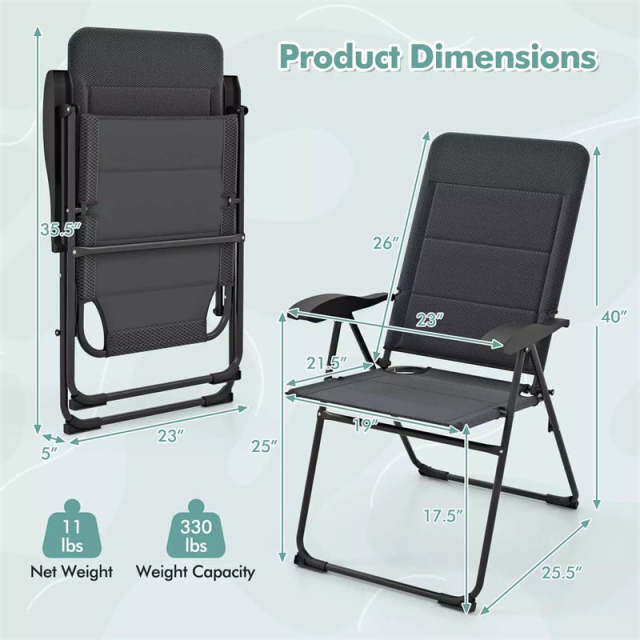 Set of 2 Folding Patio Chairs with 7-Position Adjustable Backrest, Padded Outdoor Reclining Chairs for Backyard Garden Deck, 300 lbs Capacity