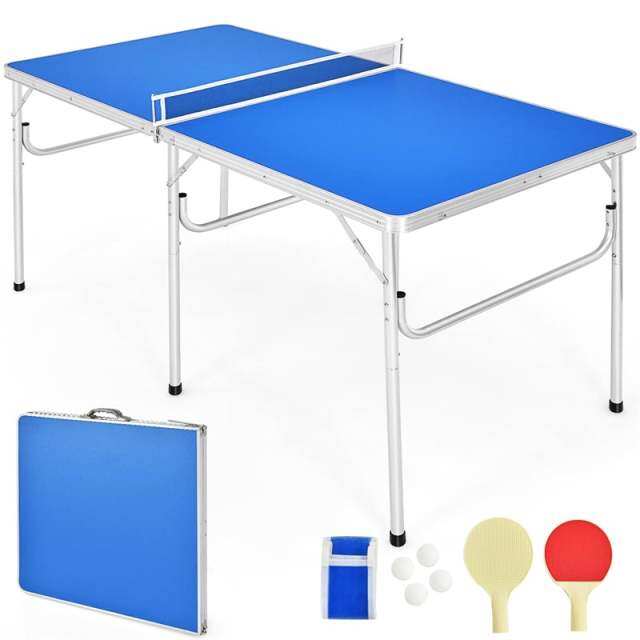 60" Portable Table Tennis Table, Folding Ping Pong Table with Net, 2 Paddles & 4 Balls, Multipurpose Freestanding Table for Indoor Outdoor Use