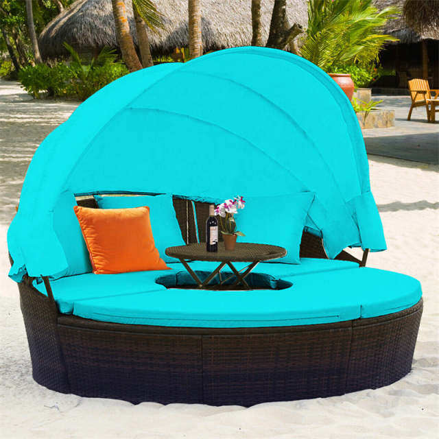 Round Patio Rattan Daybed with Retractable Canopy, Adjustable Coffee Table & Cushions, Outdoor Wicker Sectional Sofa for Poolside, Backyard