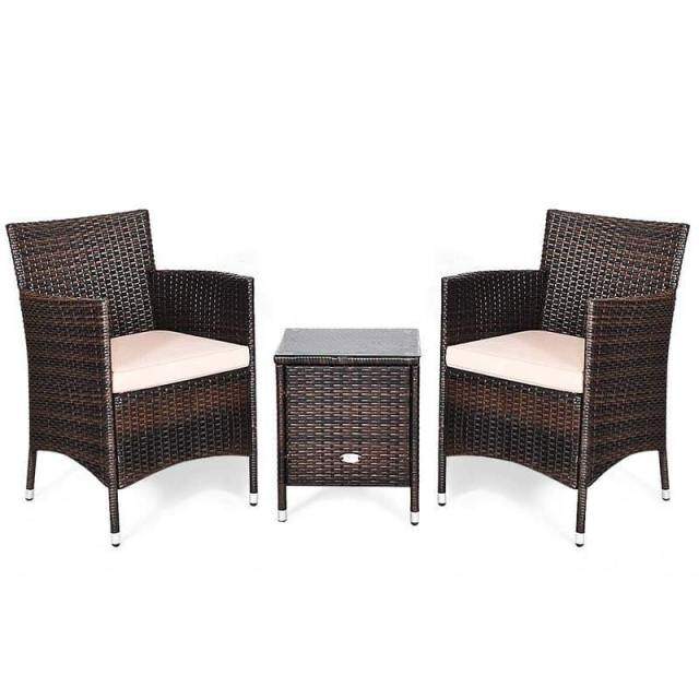 Bestoutdor 3 Piece Patio Rattan Furniture Set, Outdoor Wicker Bistro Set with Cushions & Glass Top Coffee Table for Garden, Porch, Lawn