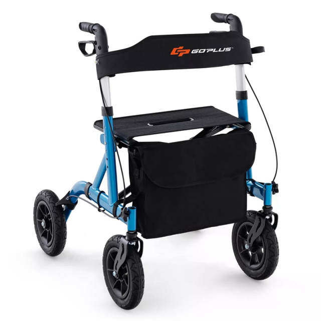 Foldable Rollator Walker with Seat & 9.5" All-Terrain Pneumatic Wheels, 350lbs Heavy Duty Height Adjustable Bariatric Rollator for Seniors/Adults