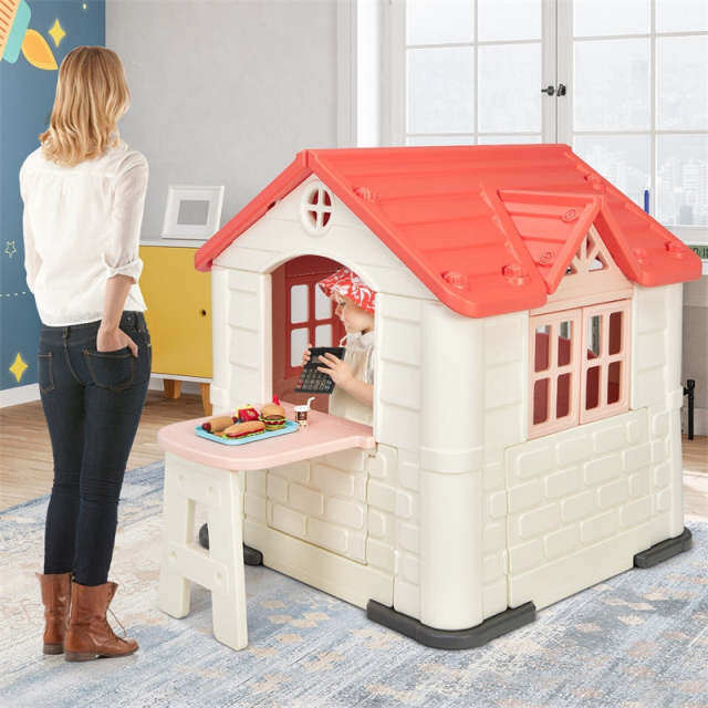 Kids Playhouse, Cottage Pretend Play House with 7PCS Toy Set, Picnic Table & Waterproof Cover for Indoor Outdoor, Boys & Girls Gifts