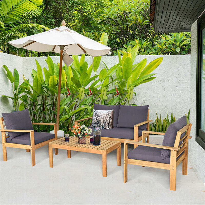 4 Piece Acacia Wood Patio Conversation Set Outdoor Chat Set with Loveseat Chairs & Coffee Table