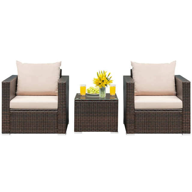 3 Piece Patio Conversation Set, Outdoor Rattan Sofa Furniture Set with Washable Cushions & Tempered Glass Coffee Table for Poolside Backyard