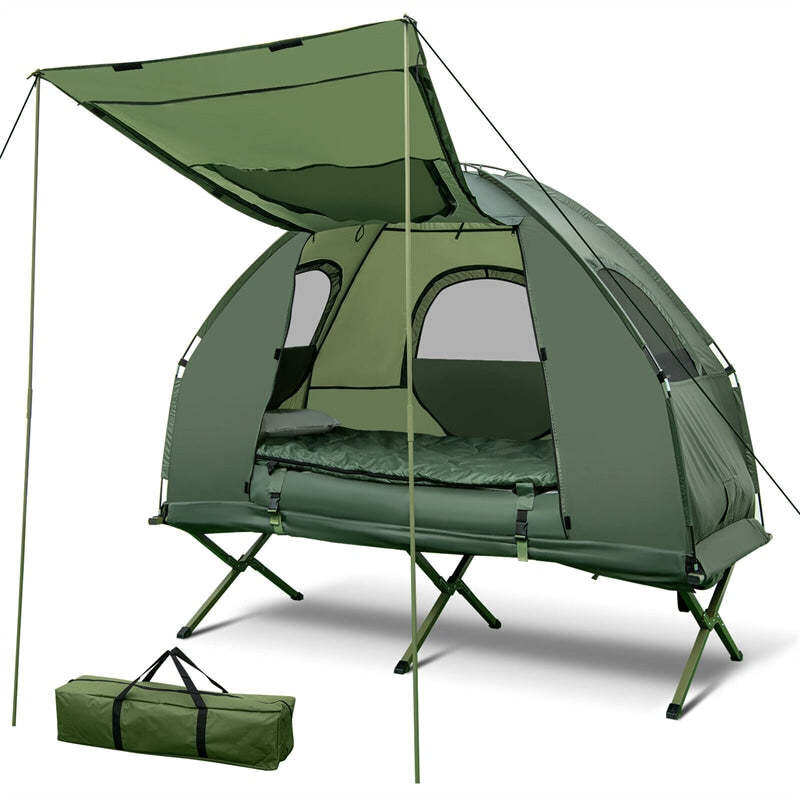 1 Person Folding Camping Tent Cot, 5-in-1 Elevated Off-Ground Tent with Air Mattress, Sleeping Bag, Pillow, Sunshade & Carry Bag for Outdoor Hiking