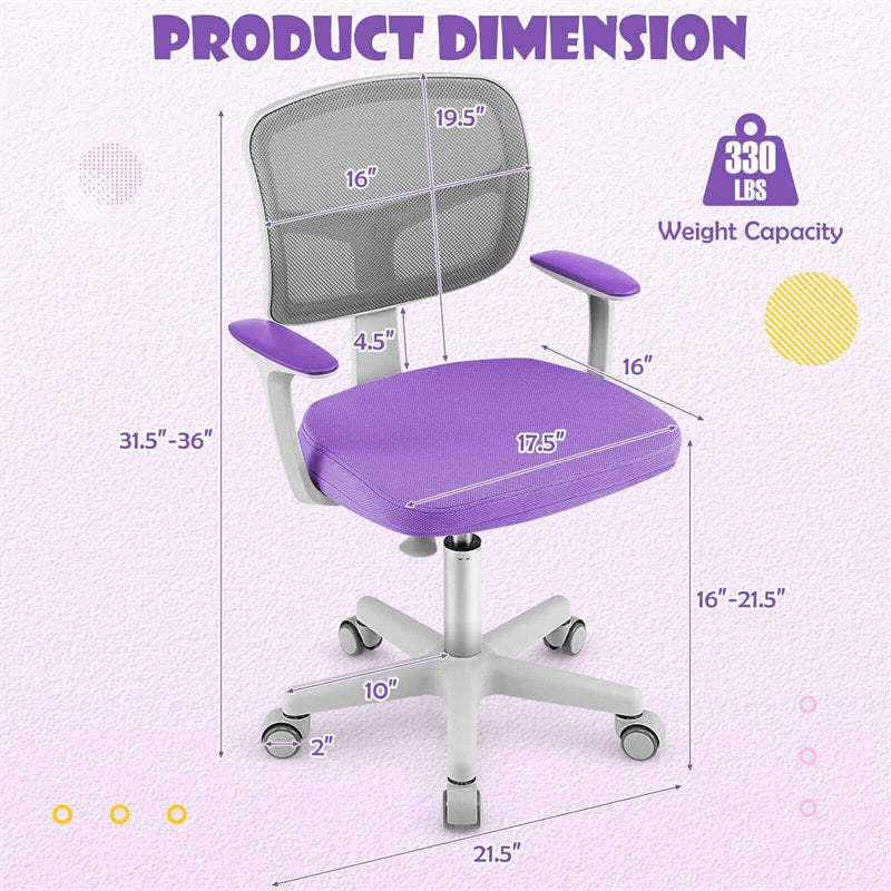 Kids Desk Chair, Adjustable Children Study Computer Chair with Wheels, Arms & Lumbar Support, Swivel Mesh Office Chair for Boys Girls Aged 4-13