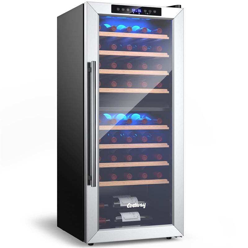 20" Dual Zone Wine Cooler Refrigerator, 43-Bottle Freestanding Built-in Wine Fridge with Temperature Control, Wood Shelves, Glass Door for Home Bars
