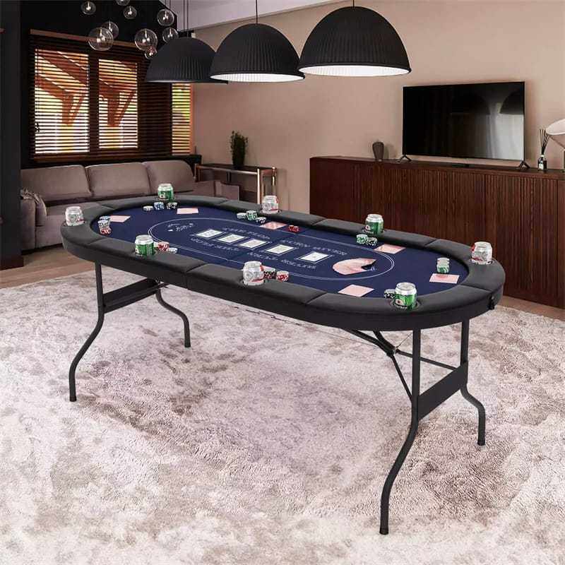 72" Foldable Poker Table, 8-Player Texas Holdem Card Table with Cup Holders, Casino Grade Felt, Portable Oval Blackjack Table for Home Game Room