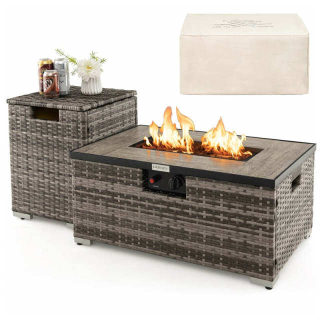 2-Piece Rattan Outdoor Fire Pit Table Set with Hideaway Tank Holder, Lava Rocks & Cover, 40,000BTU Wicker Propane Fire Table for Patio, Backyard