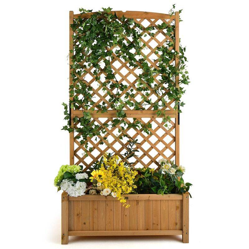 71" Wooden Raised Garden Bed with Trellis & Drainage Holes, Freestanding Planter Box for Vine Climbing Plants, Flowers, Indoor/Outdoor Yard Balcony