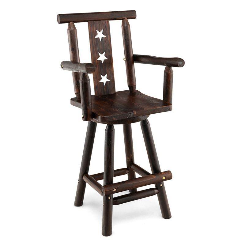 Rustic Swivel Bar Stool, 29" Wood Bar Height Bistro Chair with Footrest, Decorative Star Back & Wide Armrest for Kitchen Restaurant Pub