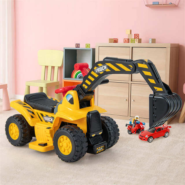 6V Battery Kids Ride On Excavator Toddler Bulldozer Digger Construction Vehicle with Folding Basketball Hoop & Underneath Storage