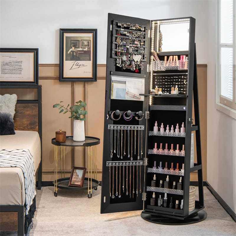 360° Swivel Jewelry Armoire with Full Length Mirror, Adjustable 3-Color LED Lights & Storage Rack, Lockable Standing Jewelry Cabinet Organizer