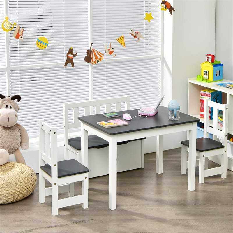 2-in-1 Kids Table & Chair Set, Wood Activity Table with Toy Storage Bench & 2 Chairs for Reading, Crafts, Playroom, Toddler Table and Chairs