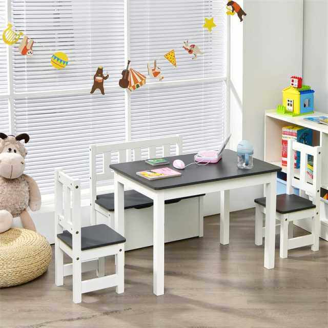 2-in-1 Kids Table & Chair Set, Wood Activity Table with Toy Storage Bench & 2 Chairs for Reading, Crafts, Playroom, Toddler Table and Chairs