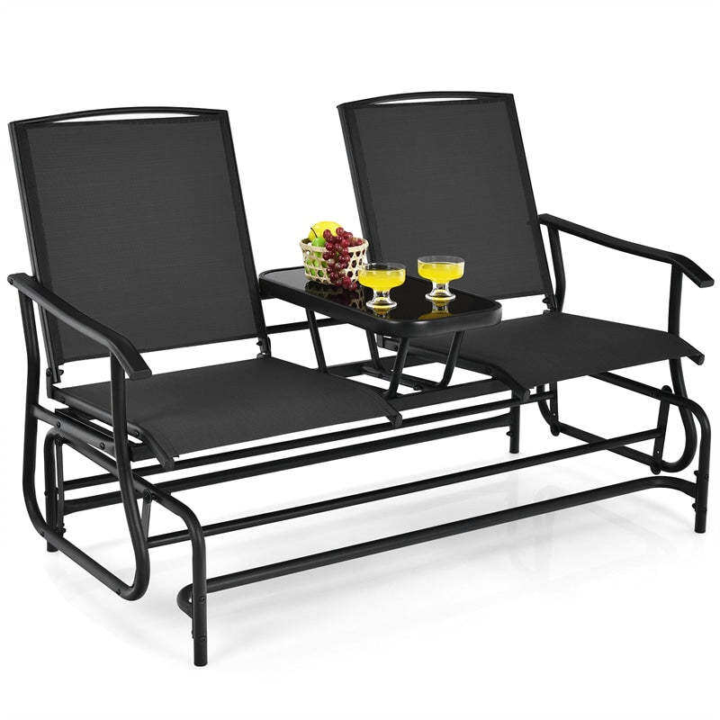 2-Person Outdoor Glider Chair with Center Tempered Glass Table, Steel Frame & Breathable Mesh, Patio Rocking Bench for Porch Garden Poolside