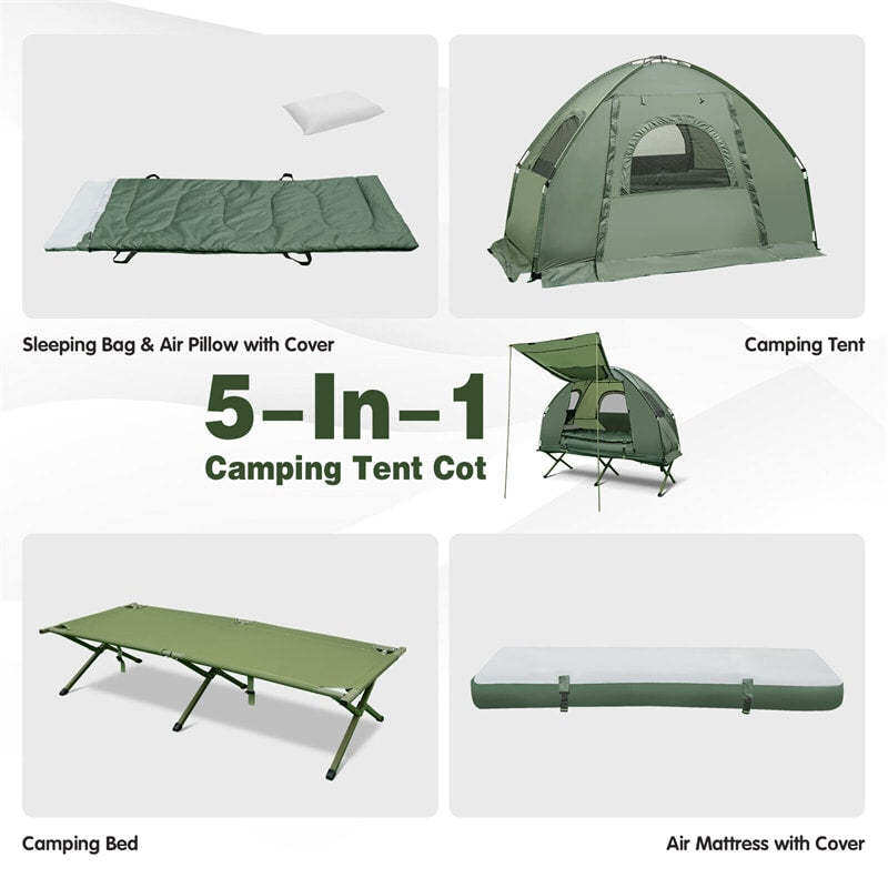 1 Person Folding Camping Tent Cot, 5-in-1 Elevated Off-Ground Tent with Air Mattress, Sleeping Bag, Pillow, Sunshade & Carry Bag for Outdoor Hiking