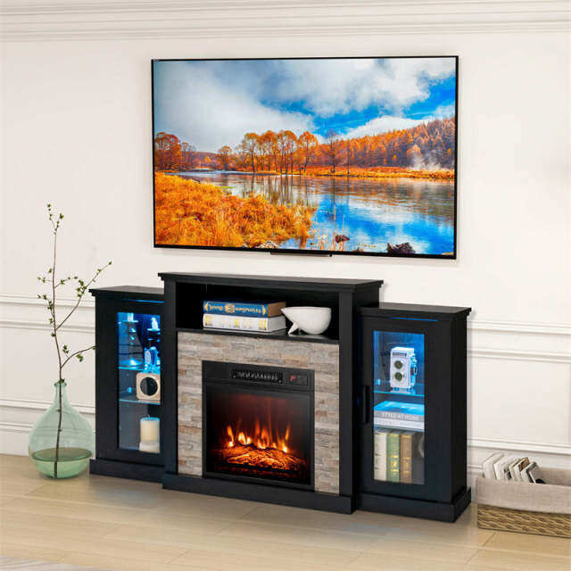 59" Fireplace TV Stand for TVs up to 65", Entertainment Center with LED Lights, 18" Electric Fireplace, Remote & APP Control, Glass Shelves
