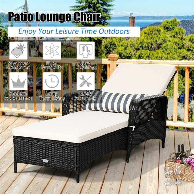 Rattan Outdoor Chaise Lounge Chair w/ 6-Gear Adjustable Backrest, Cushions, Removable Pillow, Patio Recliner for Poolside, Backyard Balcony