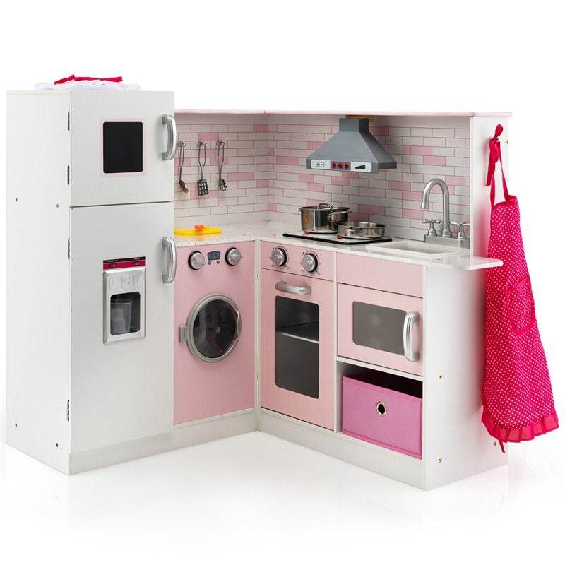 Pink Kids Corner Kitchen Playset, Wooden Pretend Play Kitchen Toy Set with Lights, Washer, Range Hood, Microwave, Oven, Utensils, Apron & Chef Hat