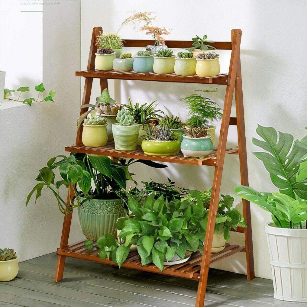 3 Tier Folding Bamboo Plant Stand Organizer Storage Shelving